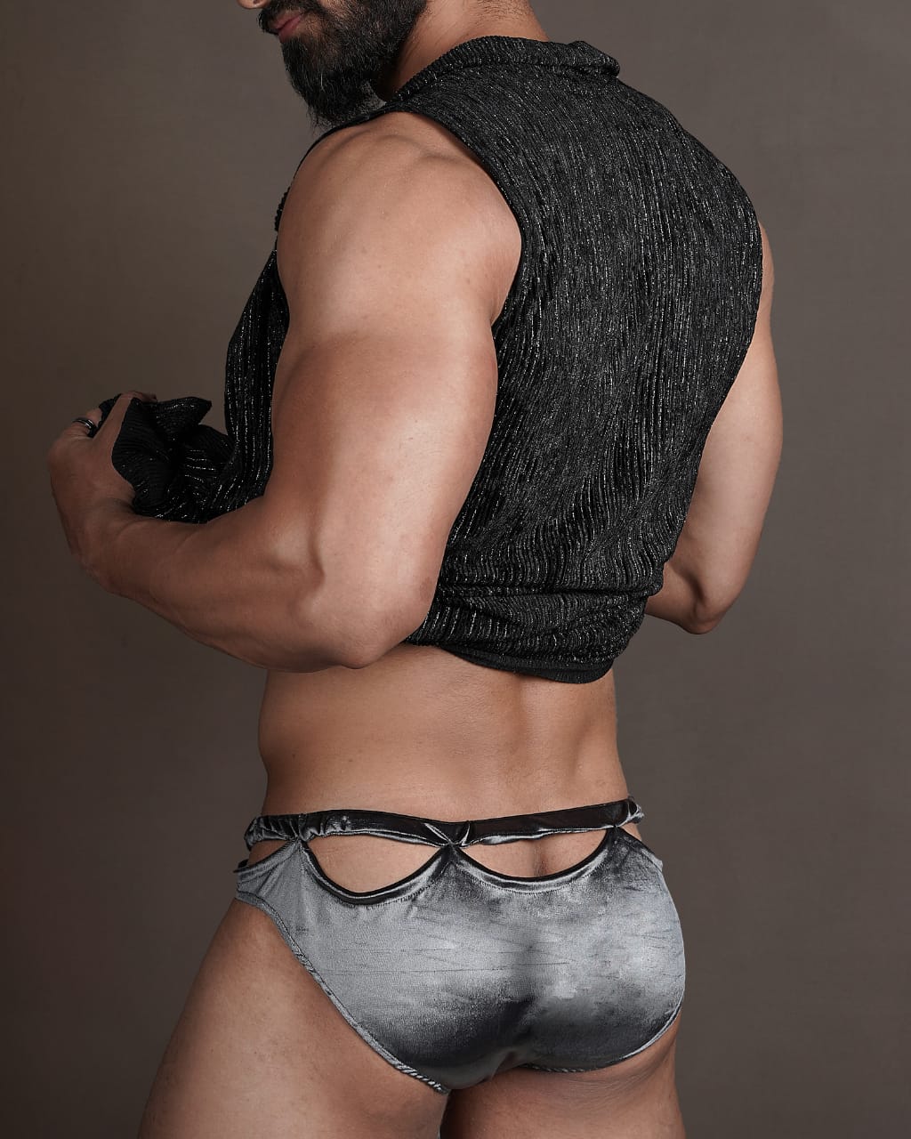 Grey Velvet Lycra Brief with a cape