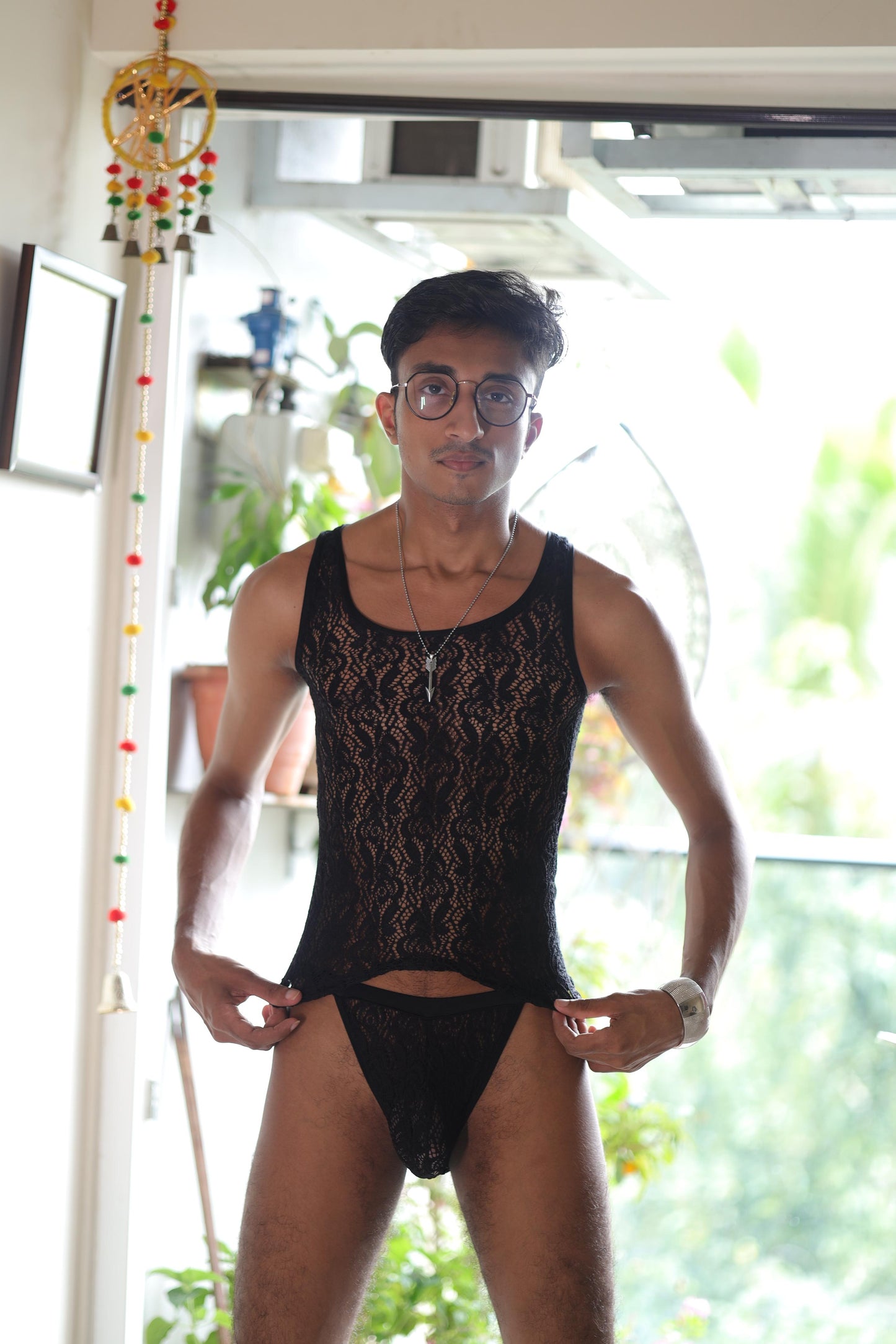 Black lace lycra Coords set with Vest and Briefs