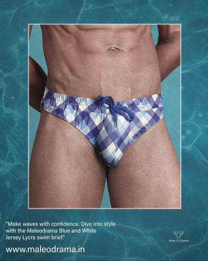 Swimwear brief in blue and white checkered print lycra