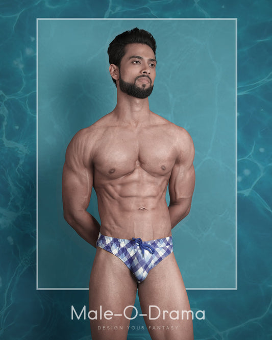 Swimwear brief in blue and white checkered print lycra