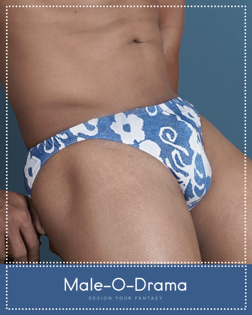 Blue and white digital floral print brief