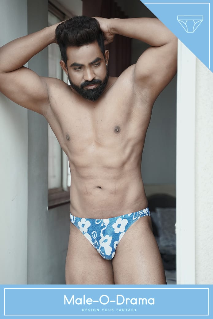 Blue and white digital floral print brief
